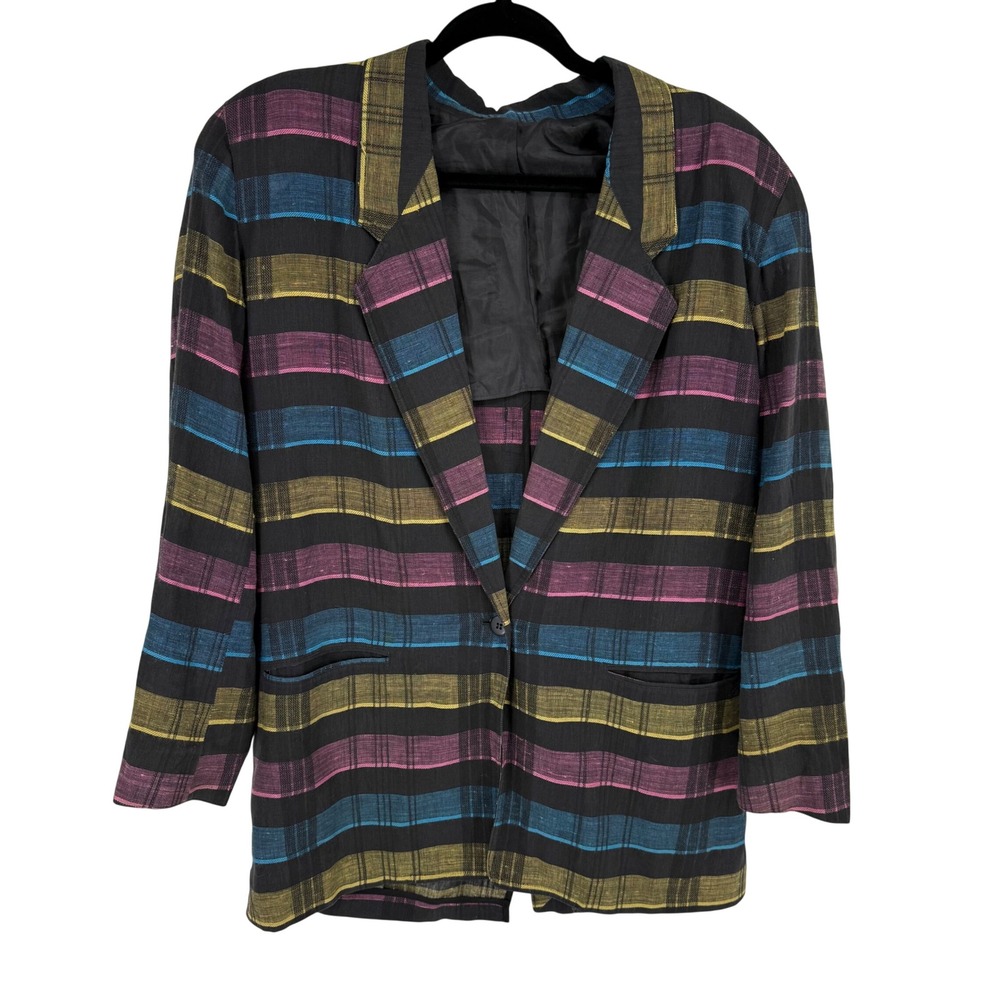 Michii Moon Striped Blazer Womens 6 Black Teal Magenta Gold Vintage‎ Notched